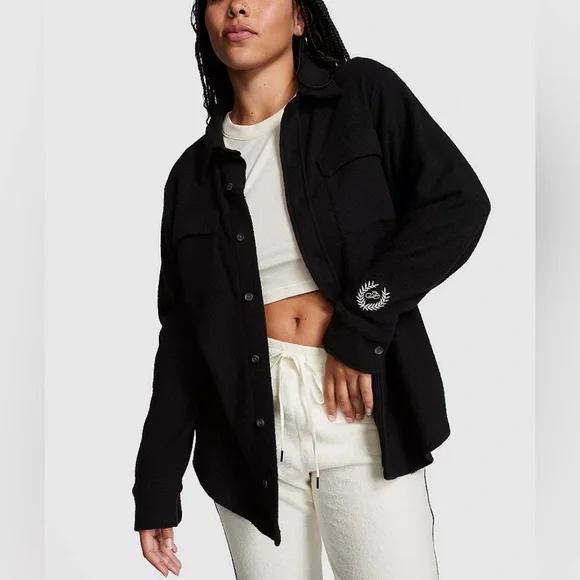 PINK by VS Reversed Fleece Buttoned Shacket in Color Cream Size Large 🆕 - Picture 5 of 6